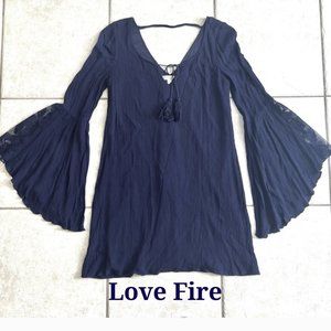 NWOT Love Fire Navy Blue Bell Sleeve V-Neck Tie String Mini Dress. Sz: S